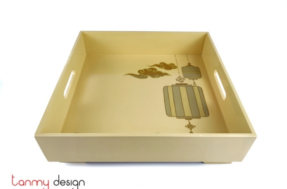 Yellow cream square lacquer tray hand-painted with lantern 32*H9 cm